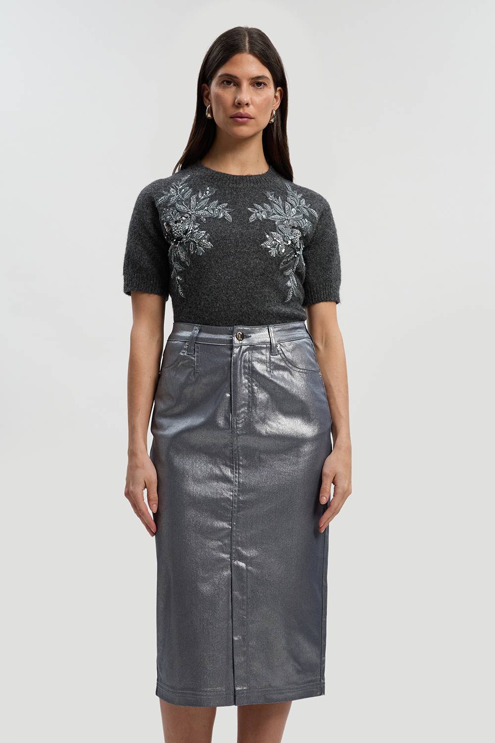 KarenMillen Jupe Crayon Mi-Longue en Denim à Revêtement Métallisé