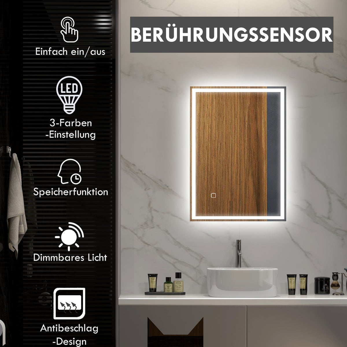 HOMCOM Badkamerspiegel, Badkamerspiegel met LED-verlichting, 70 x 50 cm Wandspiegel, Mistvrije lichtspiegel met aanraakschakelaar, IP44