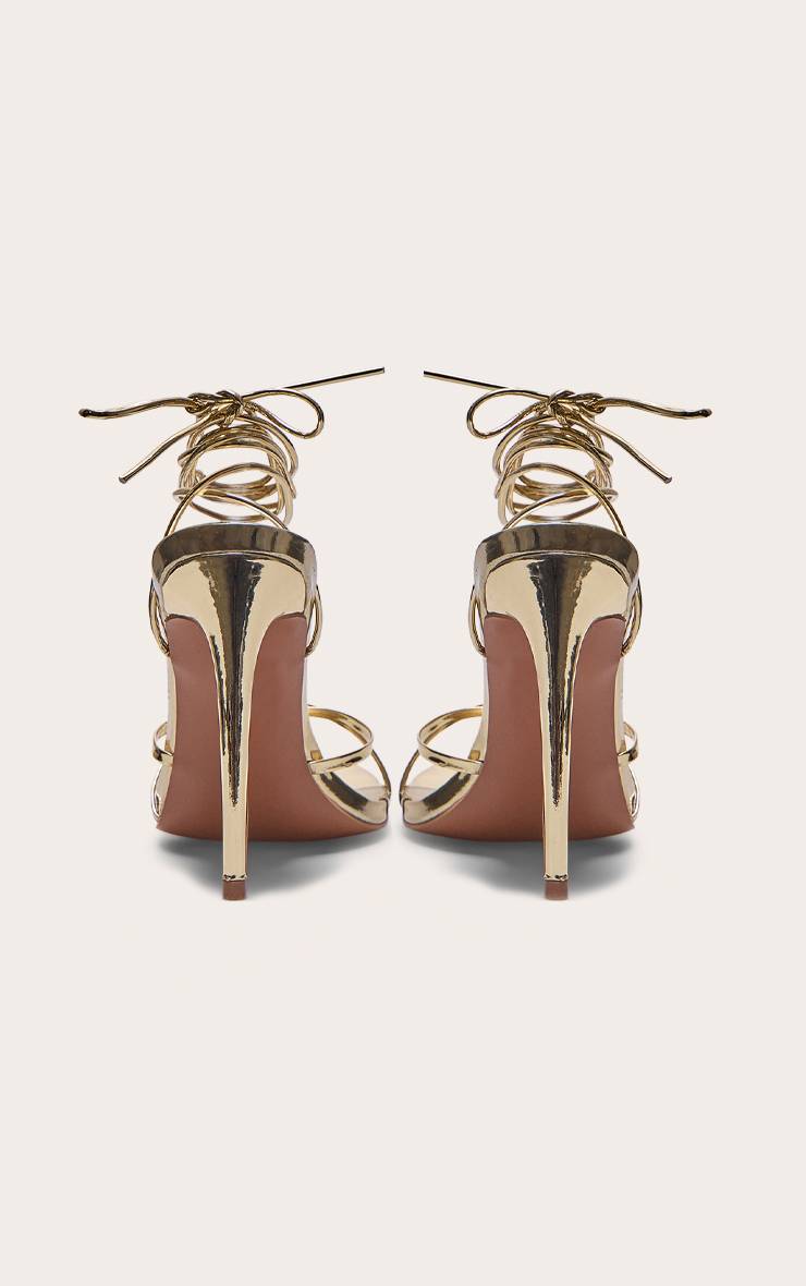 Doré Sandales À Talons Hauts Métallisées À Bout Rond Avec Lacets