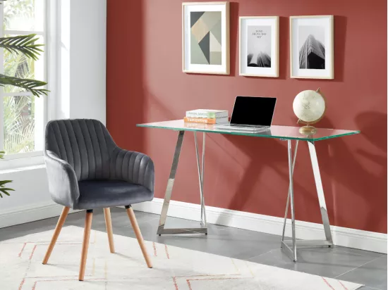 Chaise avec accoudoirs en velours et métal effet bois - Gris - ELEANA
