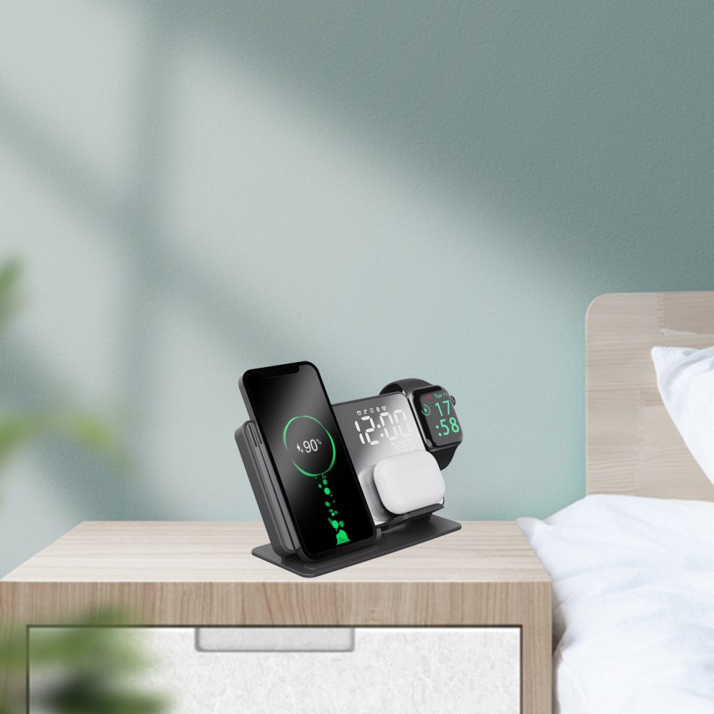(15W) 4in1 Ladegerät Qi Wireless Charger für Smartphones / Apple Airpods / Apple Watch Ladestation mit Wecker und Temparaturanzeige - Schwarz