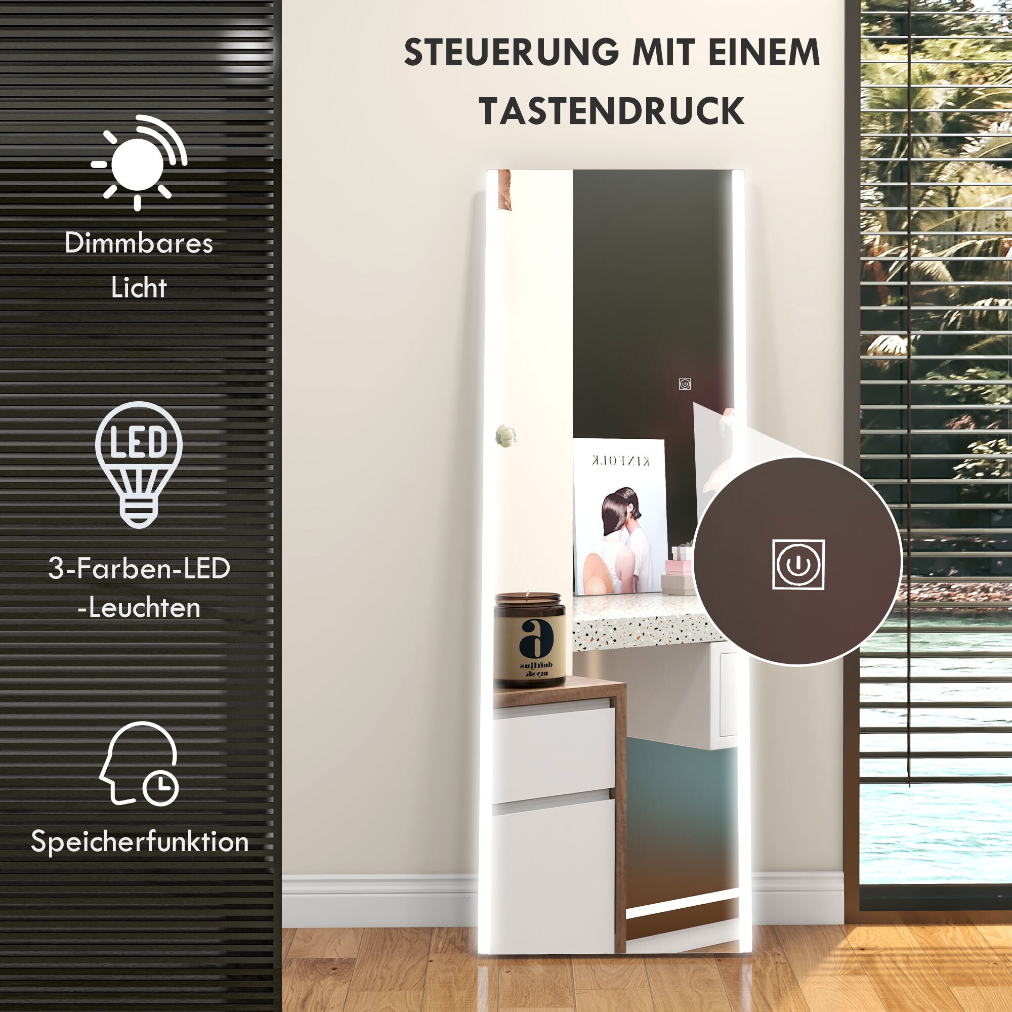 HOMCOM Ganzkörperspiegel mit LED-Leuchte weiß 150L x 50B x 2,9H cm