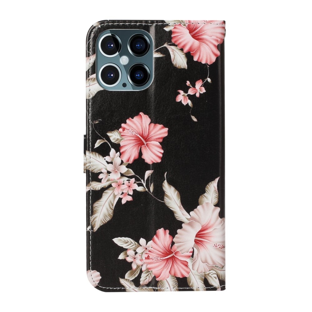 iPhone 12 / iPhone 12 Pro Leder Tasche Flip Cover Rosa Azalea Blumen - Schwarz