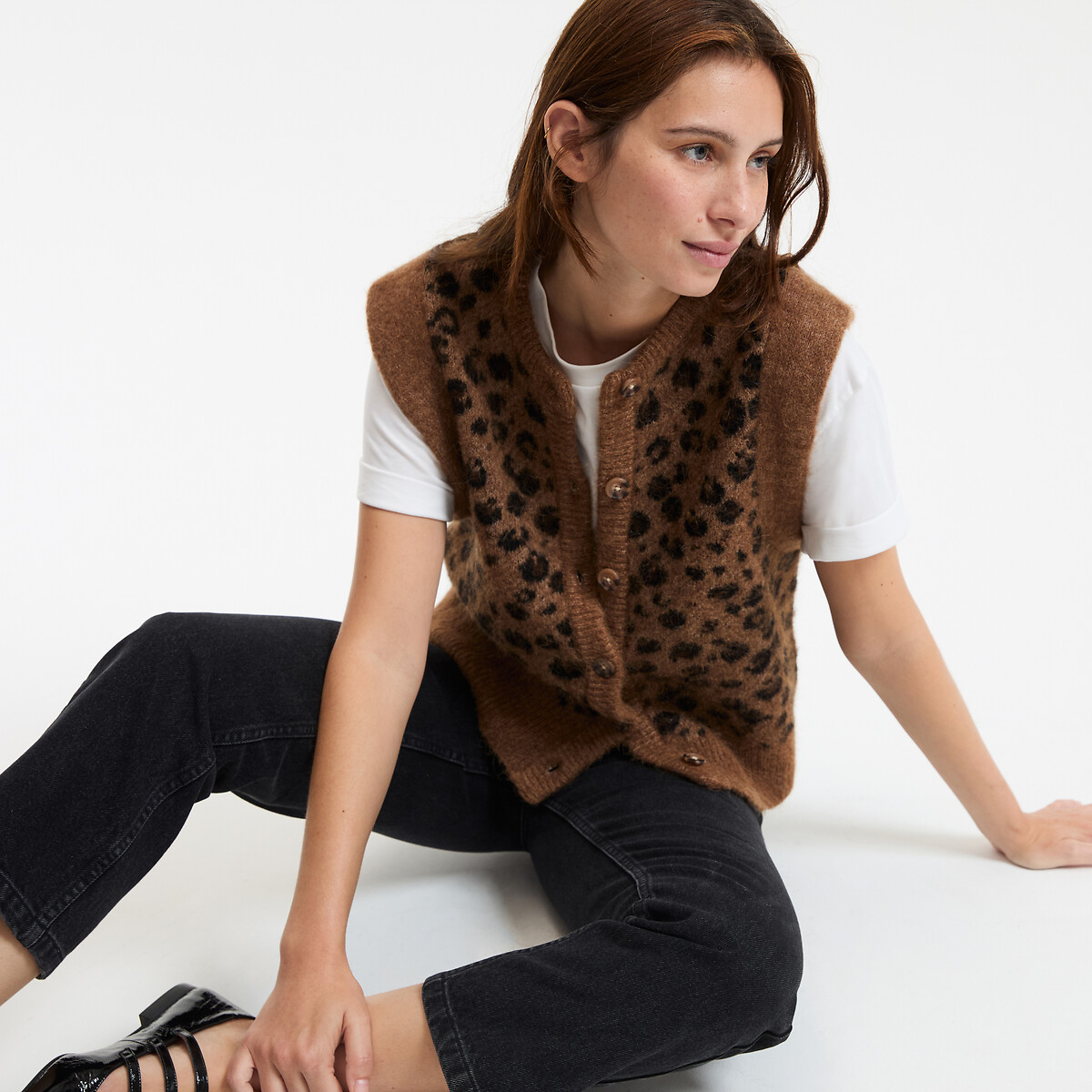 LA REDOUTE COLLECTIONS<br>Cardigã curto sem mangas, estampa de leopardo