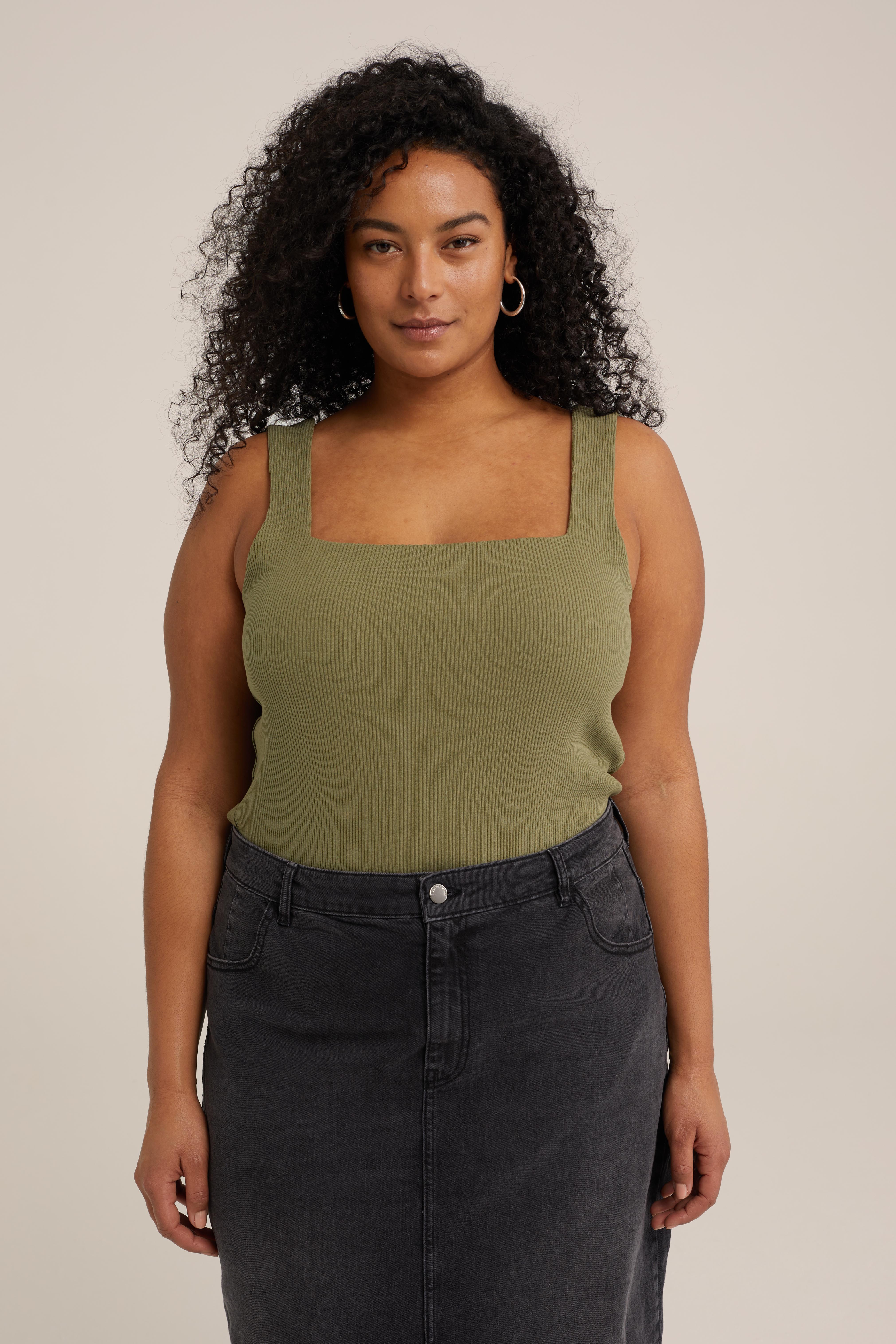 singlet van ribstof - Curve WE Fashion Olijfgroen