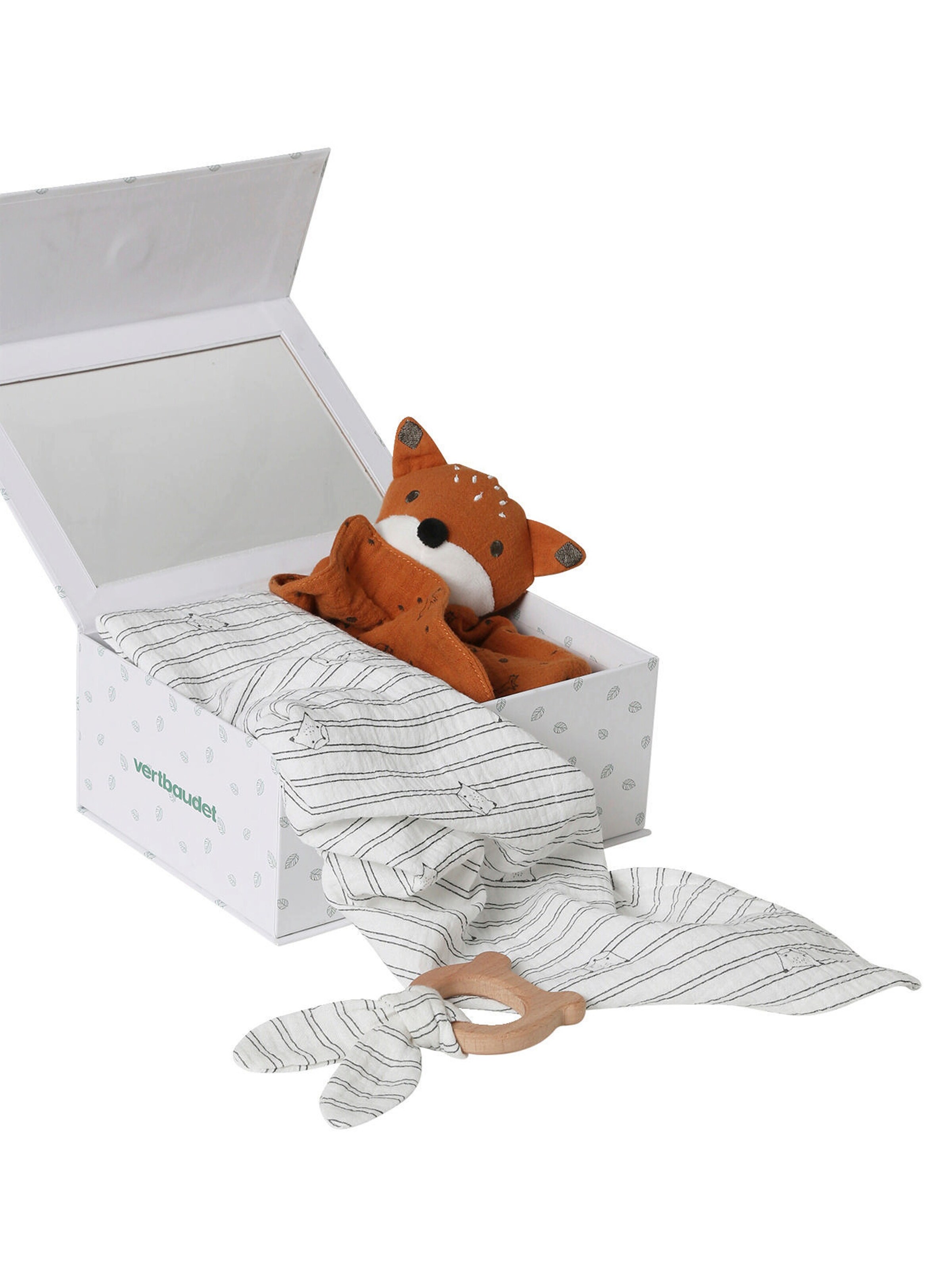 Vertbaudet Baby Geschenk-Set: Wickeltuch, Schmusetuch & Greifling pack weiß/orange fuchs