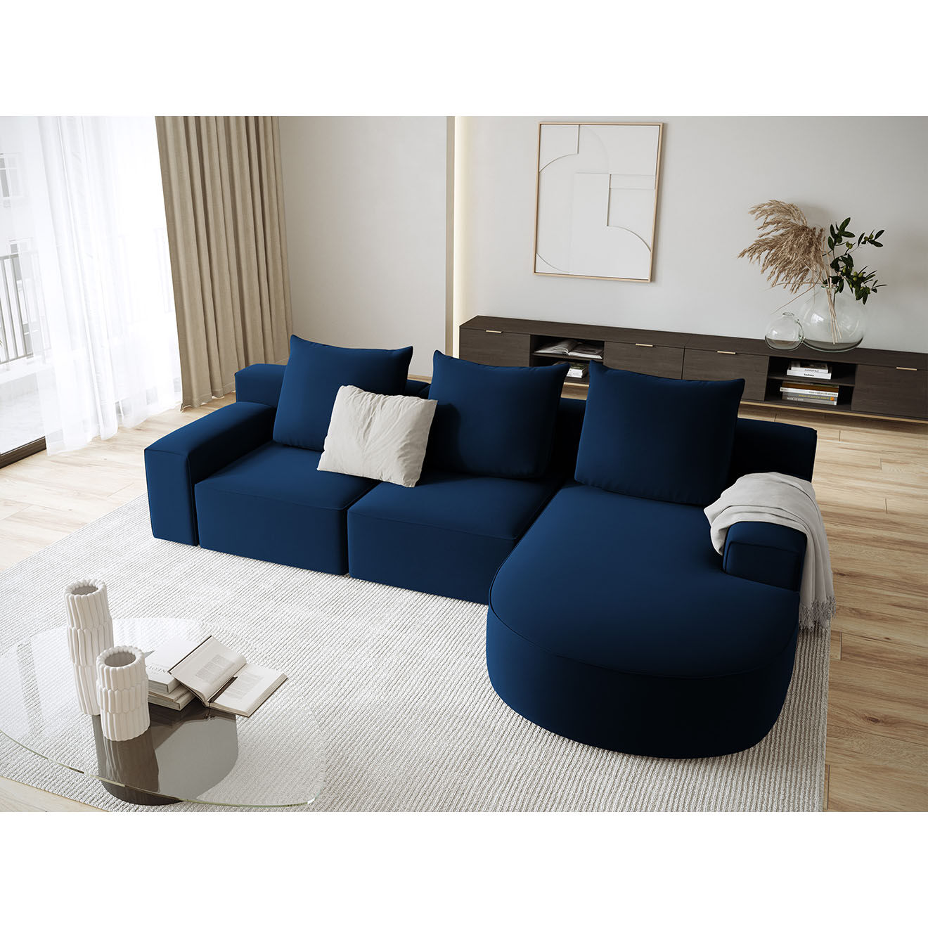 Mazzini Sofas Canapé d'angle droit arrondi en velours Ivy 5 Places bleu roi - 285x180x89 cm