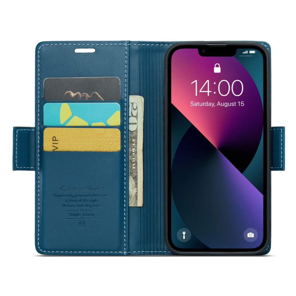 iPhone 14 Leder Tasche Flip Wallet Etui mit Kartenfächern Litchi Look (RFID Schutz) - Blaugrün