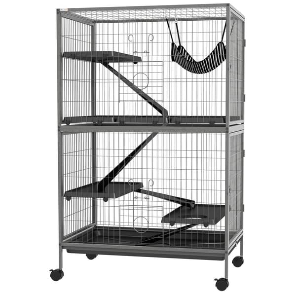 Bur for gnagere multifunksjonelt 4 plattformer 3 ramper 4 dører dim. 80L x 52W x 128H cm Stål Grå Sølv Svart