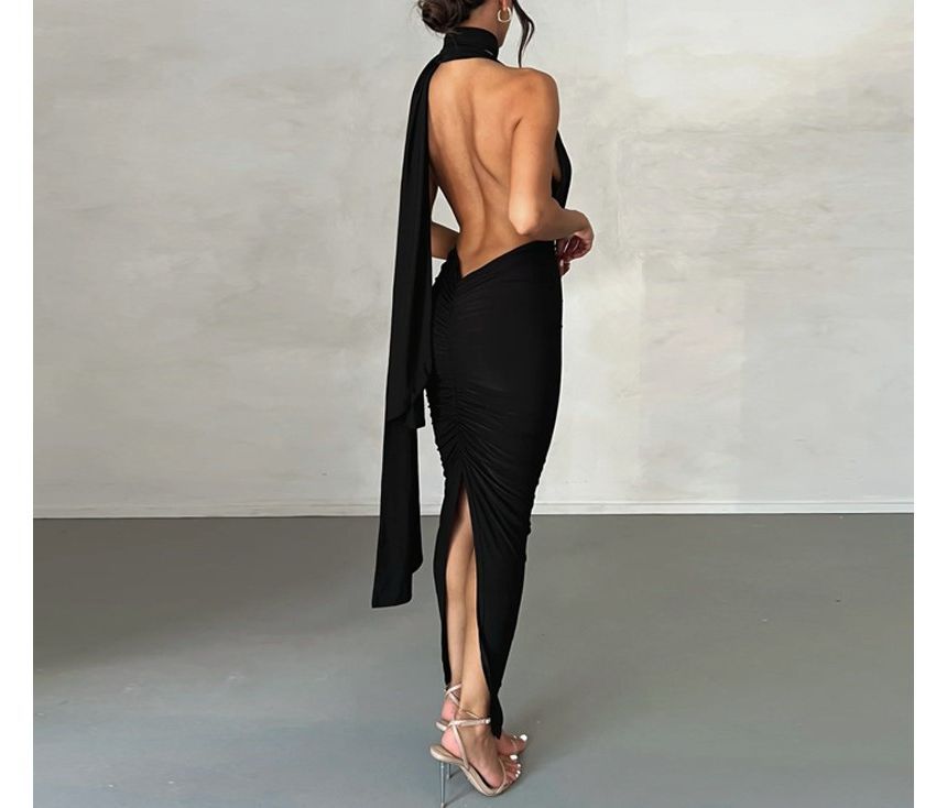 Sheparon - Strappy V-hals maxi bodyconjurk met open rug en split