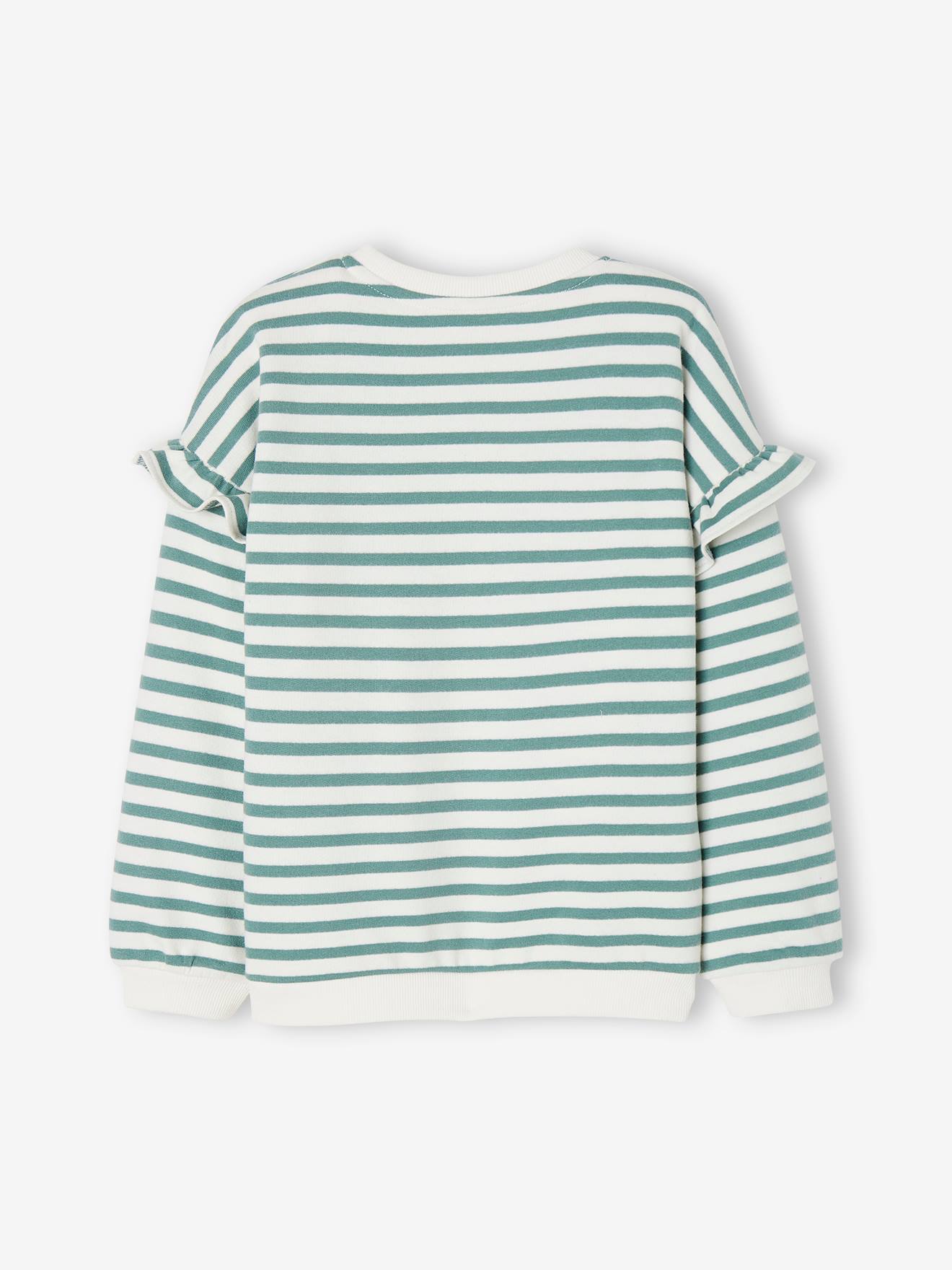 Blusa de moletom estilo marinheiro com mangas bufantes para meninas, listras verdes