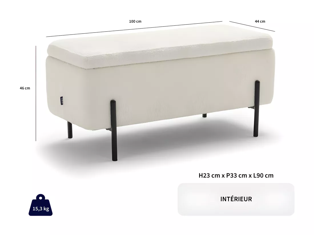 Kos - Banc coffre en tissu et métal L100cm - Gris clair