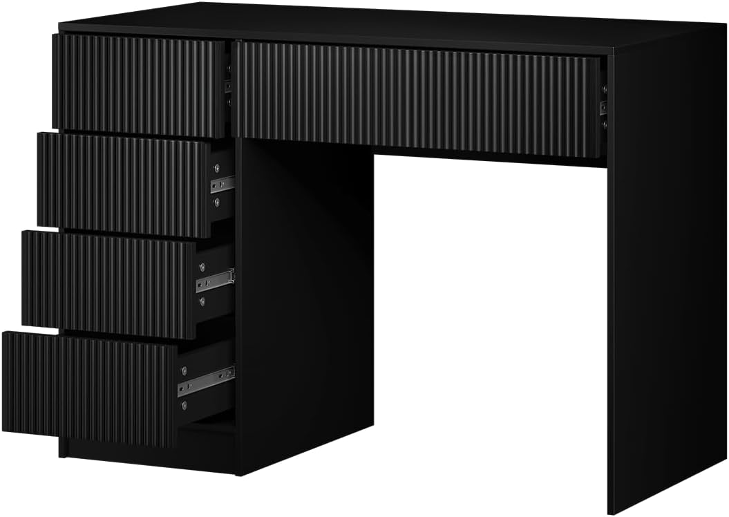 Bellamio Livny Schreibtisch schwarz geriffelt mit 5 Schubladen – Schminktisch ohne Spiegel – White Desk with Drawers 80x53x110 cm – Jugendschreibtisch - Bürotisch mit Schubladen beidseitig montierbar