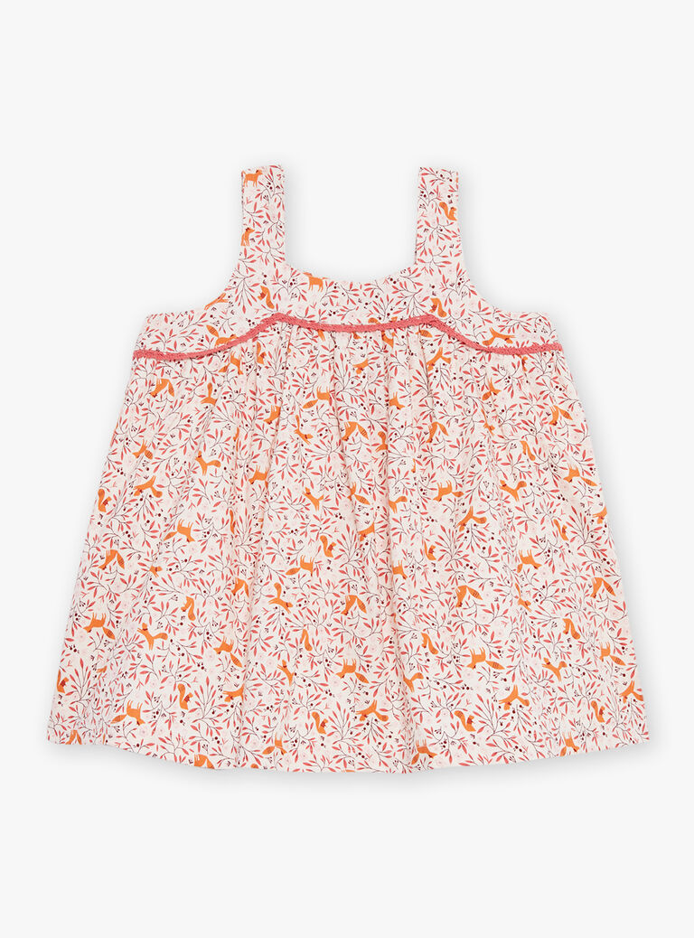 Robe chasuble écrue en twill à imprimé fleuri et renards