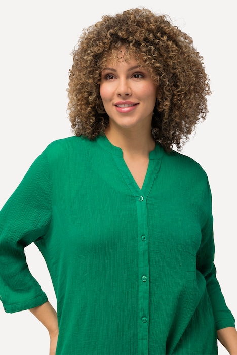 Longbluse, Krepp, Stehkragen, V-Ausschnitt, 3/4-Arm