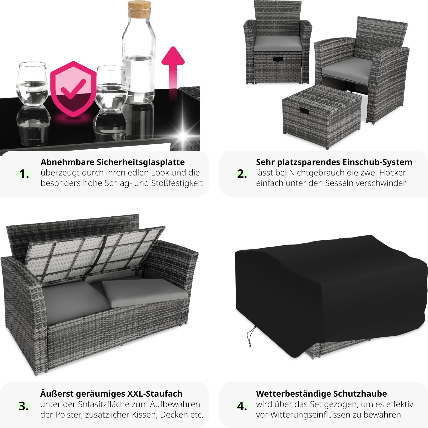 tectake® Rattan Sitzgruppe, für 4 bis 6 Personen, UV-beständig, inklusive Staufach und Schutzhülle