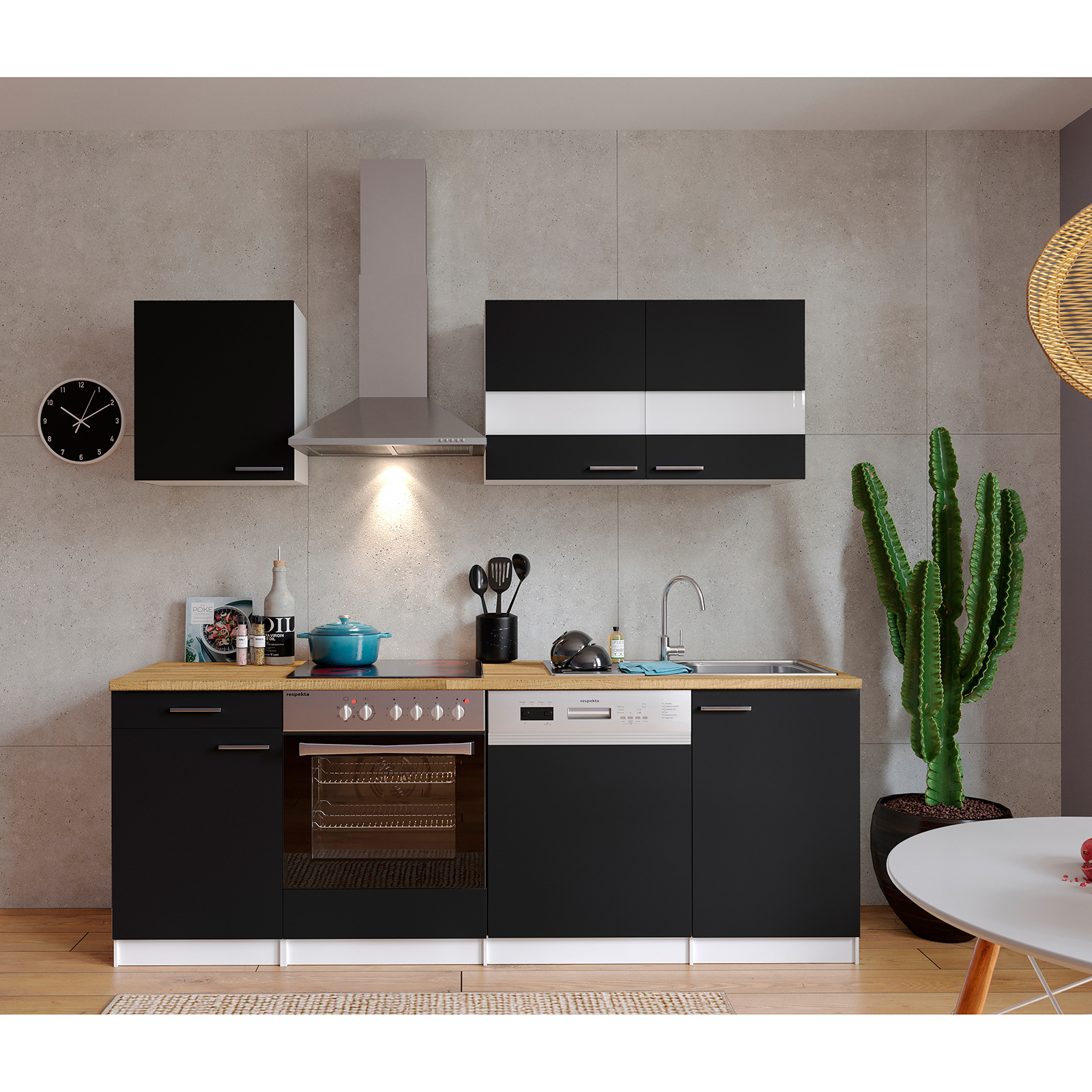 RESPEKTA Küchenblock - schwarz - mit E-Geräten - 220 cm