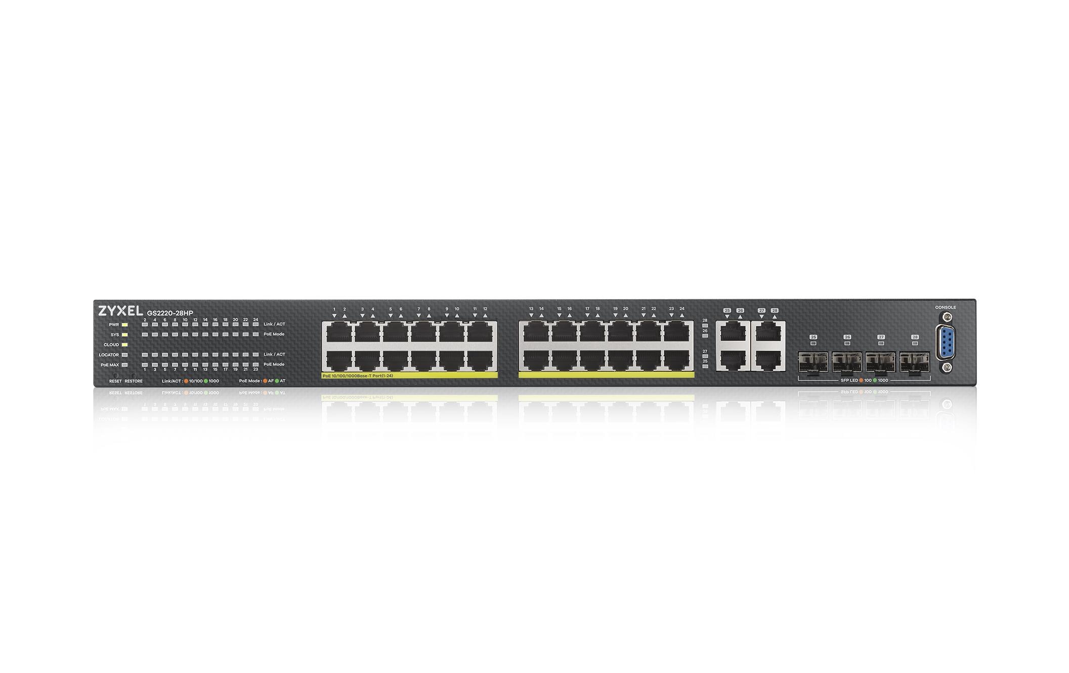 PoE+ Switch GS2220-28HP 28 Port<br>28-Port-GbE-Switch, Layer 2 managed, 24x GbE PoE 802.3at RJ-45 Ports, 4x GbE Combo-Port
