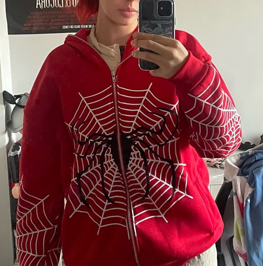 Sensarra - Hoodie met rits en spinnenwebprint