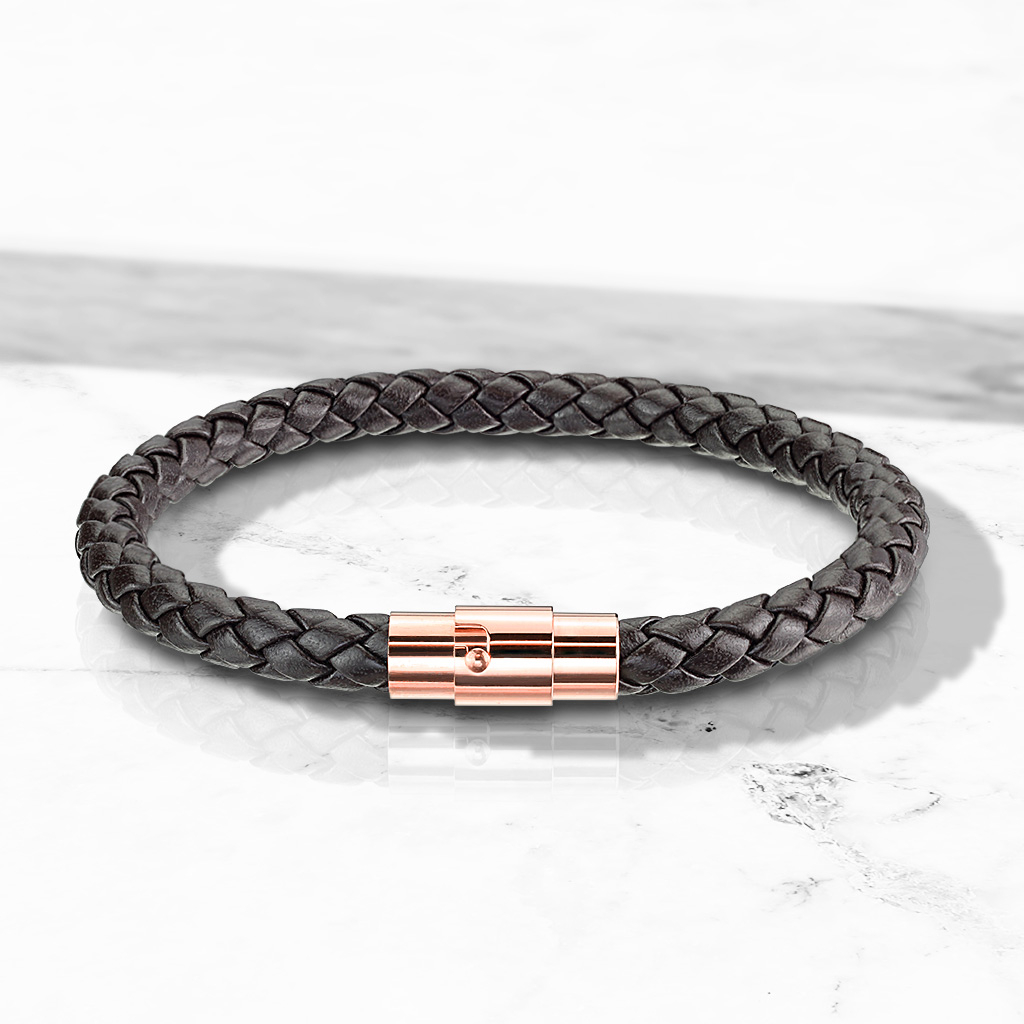 (20cm) Leder Armband Accessoire Geflochten - Dunkelbraun / Roségold