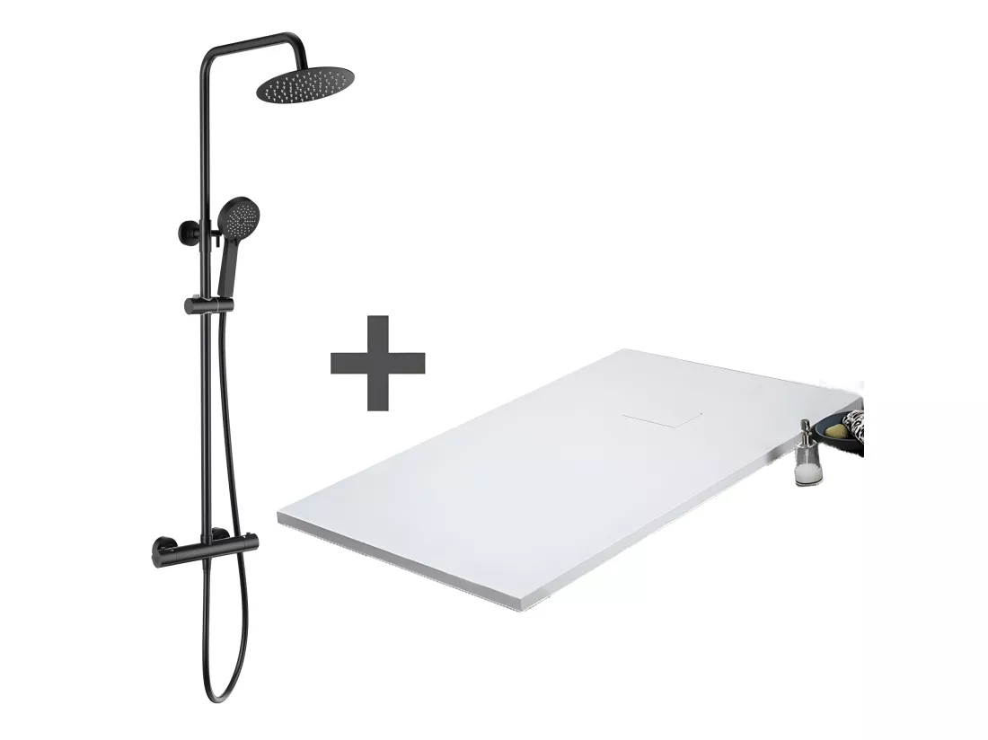 Pack Receveur de douche 80 x 170 cm extra plat blanc + Colonne de douche thermostatique noir mat