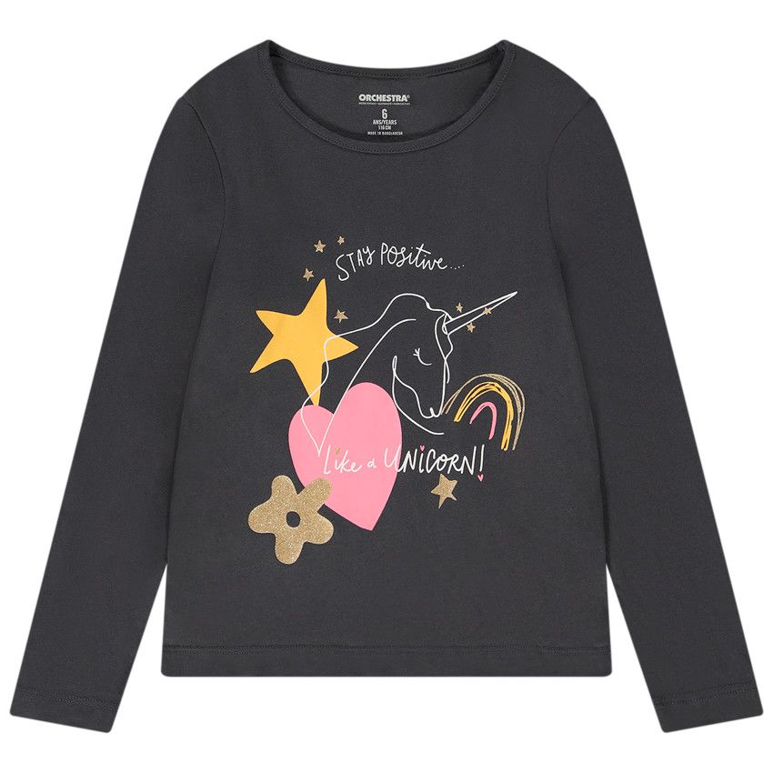 T-shirt manches longues print fantaisie et glitter pour fille - Gris foncé
