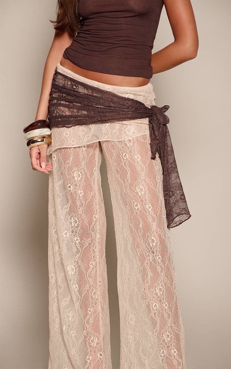 Crème Pantalon Droit À Superposition De Dentelle Contrastante Avec Lien