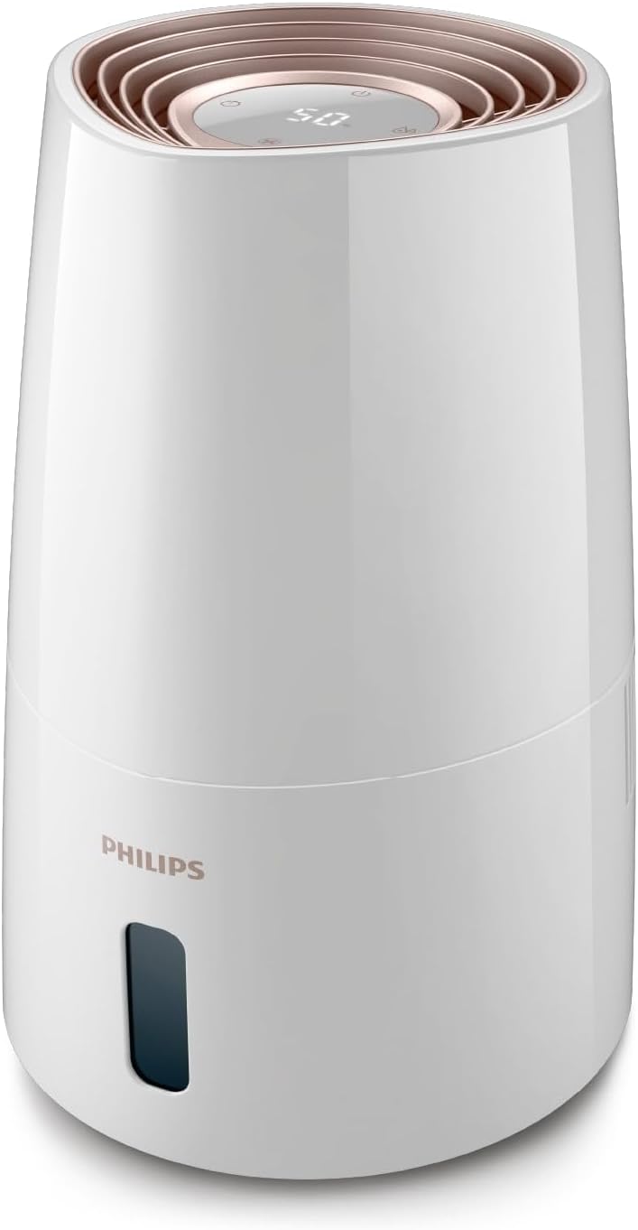 PHILIPS Luftbefeuchter 3000 Serie, für 45 m², NanoCloud, 99,97% weniger Bakterien, 300 ml/h, 3 Stufen, Schlafmodus, Ultraleise (33 dB), Feuchtigkeitssensor, Timer, 3L Tank, Weiß (HU3916/10)