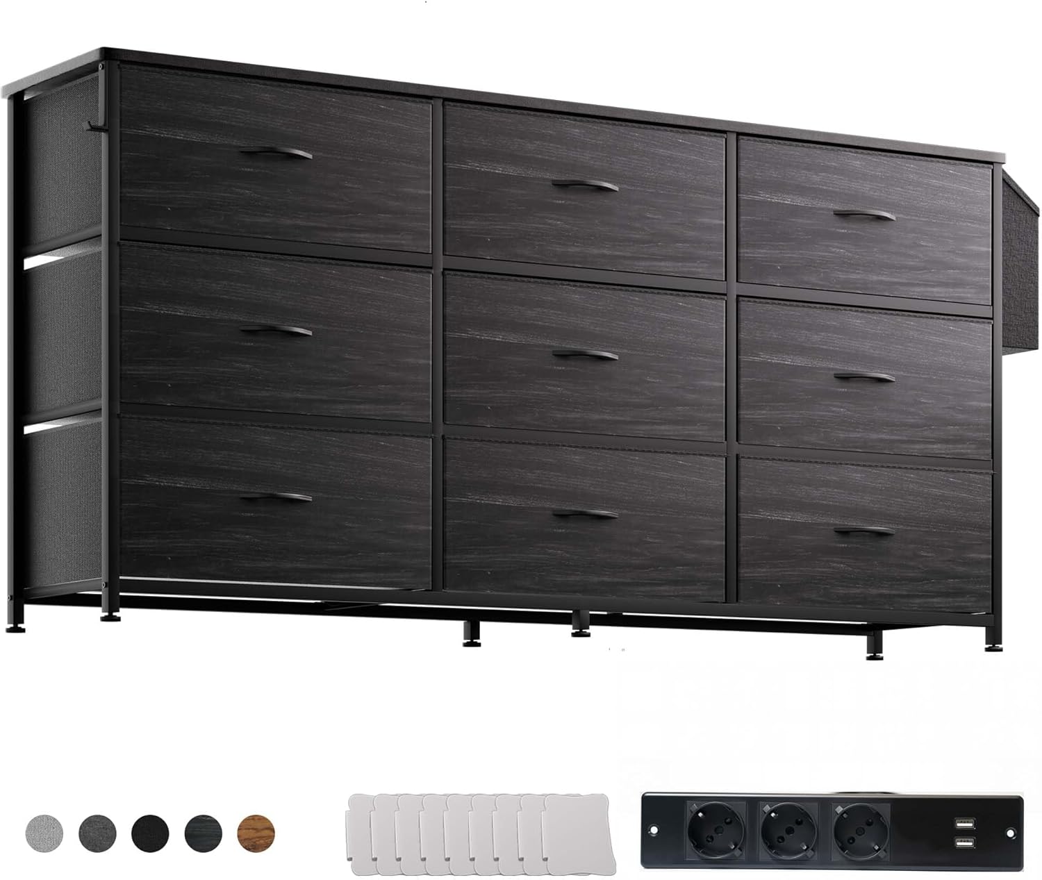 Kommode mit Stoffschubladen - Großer TV-Ständer für 43-60 Zoll Fernseher mit 9 Schubladen, Etikettenkarten, Seitentasche & Haken, Stoffkommode für Wohnzimmer, Flur, Schlafzimmer