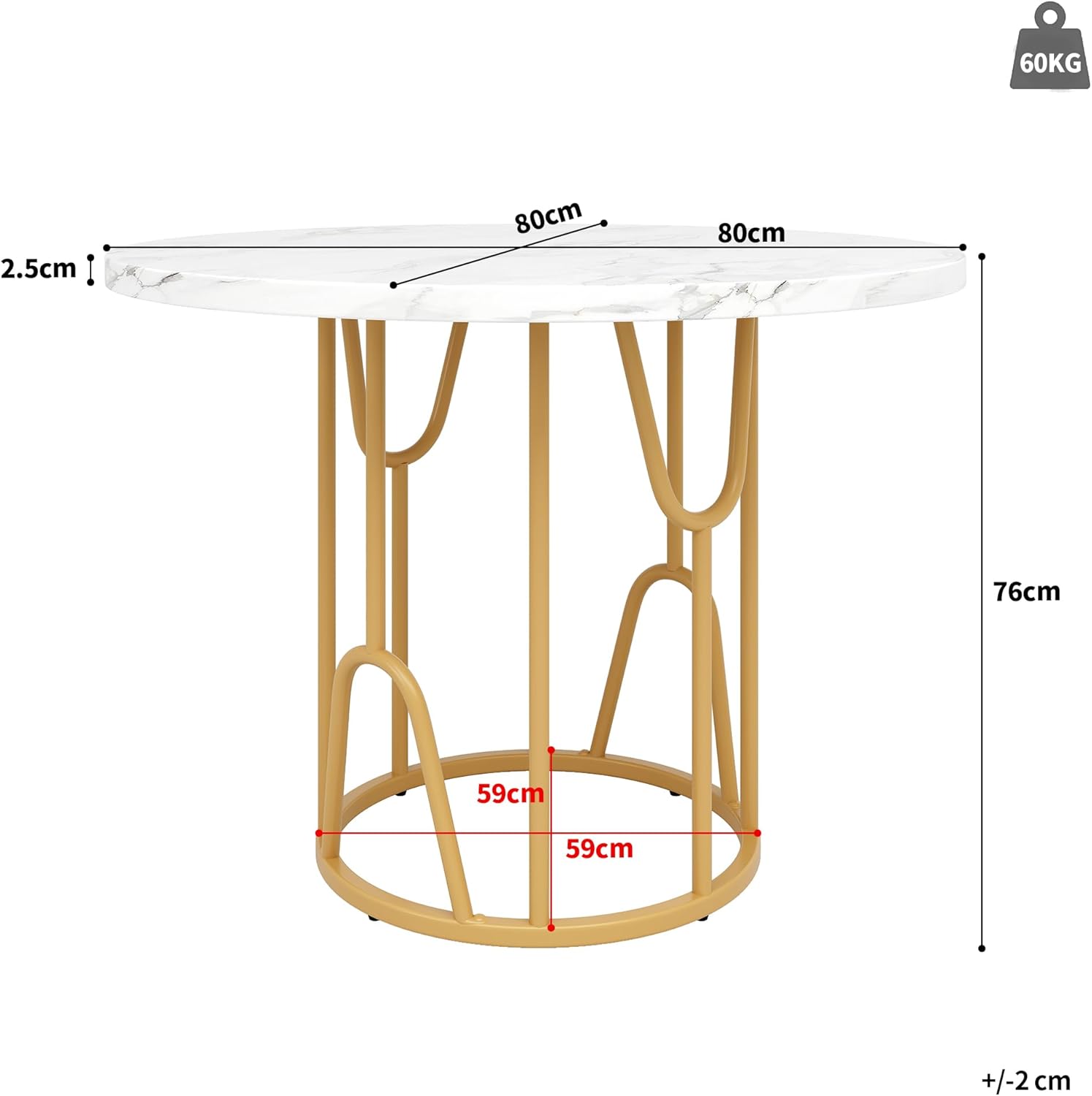 Runder Esstisch 80cm weiß mit Marmoroptik und goldfarbenen Metallbeinen, Küchentisch & Esszimmertisch für 4-6 Personen, moderner runder Tisch mit stabilem Design