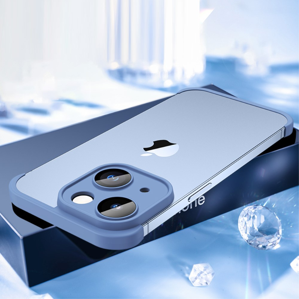 (2-tlg.) iPhone 14 Gummi Slim Case Hülle Kameraglasschutz mit Rahmenlosen Bumper (Selbstklebend) - Blau