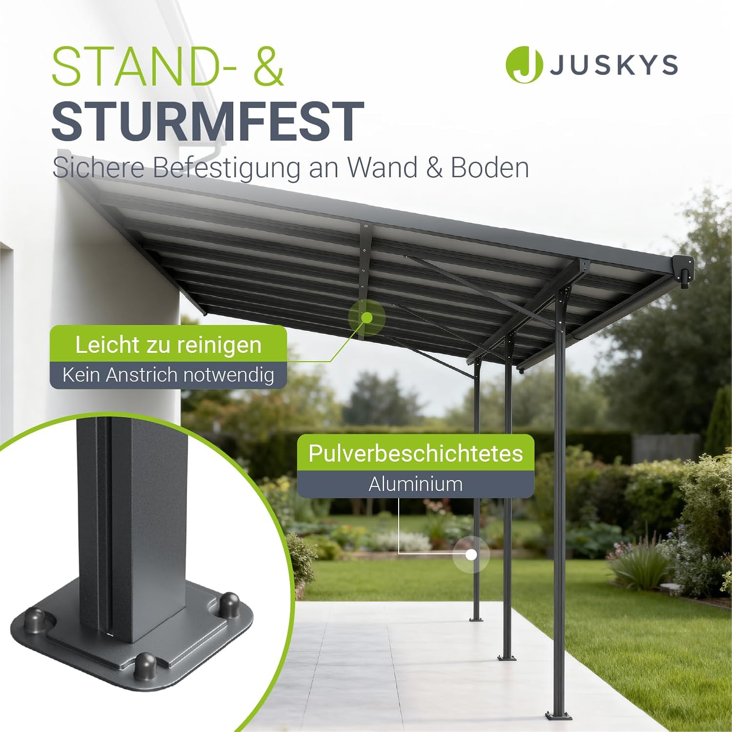 Juskys Terrassenüberdachung Borneo 5x3 m — Sonnenschutz aus Aluminium mit grauen Doppelstegplatten — Terrassendach zur Wandmontage in Dunkelgrau