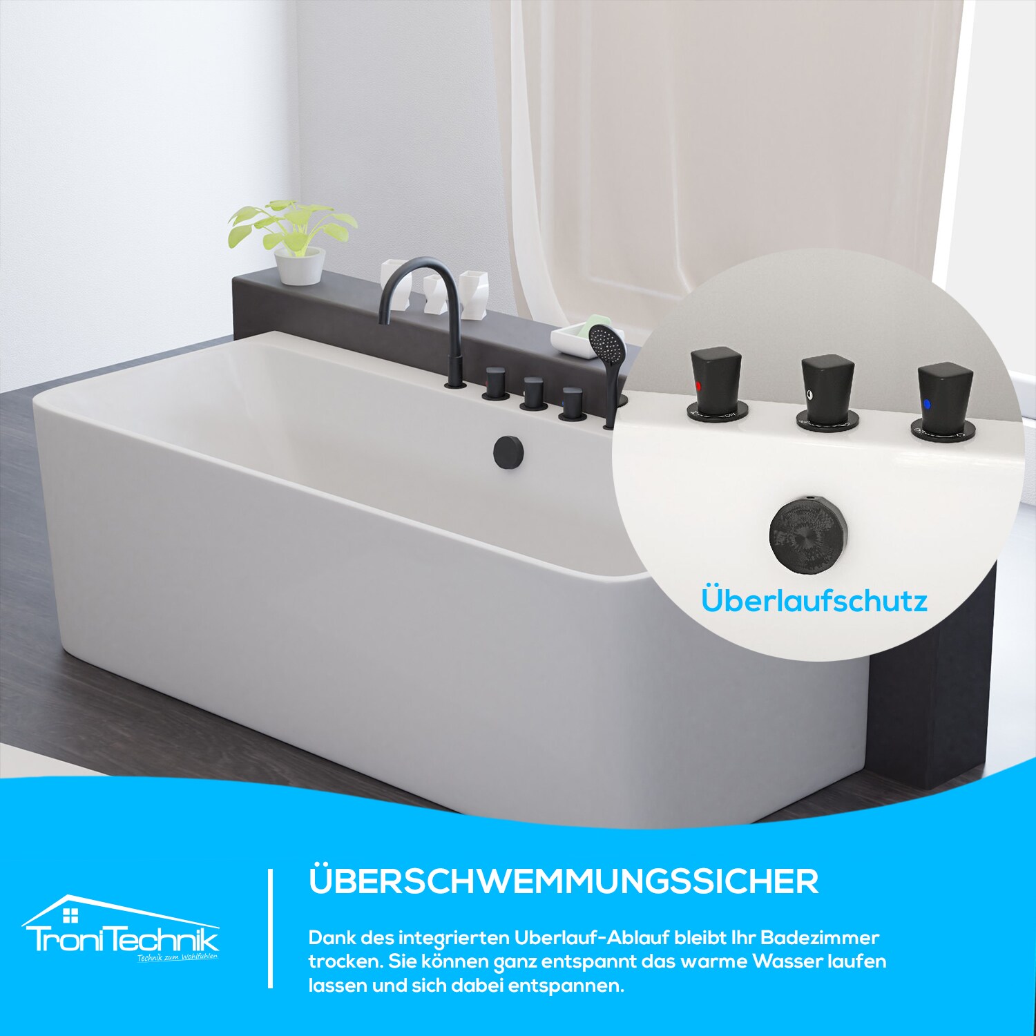 TroniTechnik® Badewanne SARIA Maße ca. 170 x 80 x 58cm Wanne, inkl. schwarze Armatur - Füllmenge 195 Liter,Acryl, Siphon