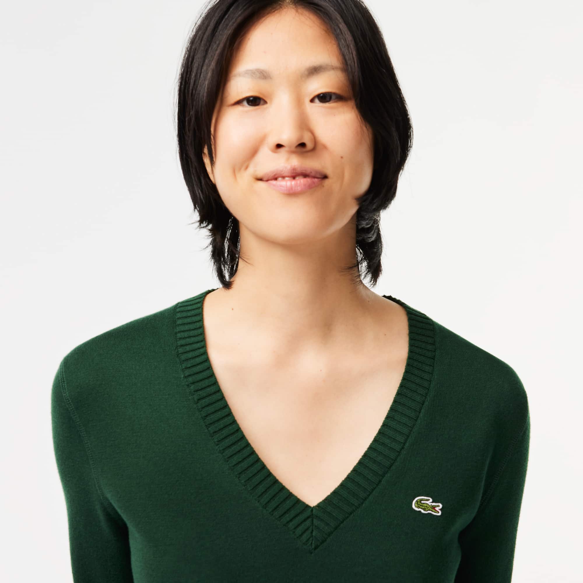 Pull col V en double face de coton Pullovers - Vert - Lacoste - Femme