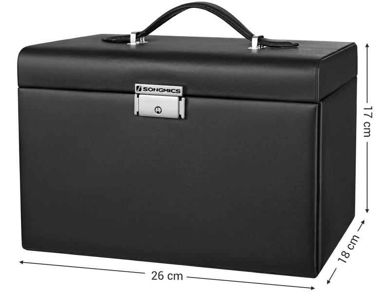 Songmics Schmuckschatulle mit 3 Ebenen, Schwarz, Kunstleder Schmuckbox abschliessbar