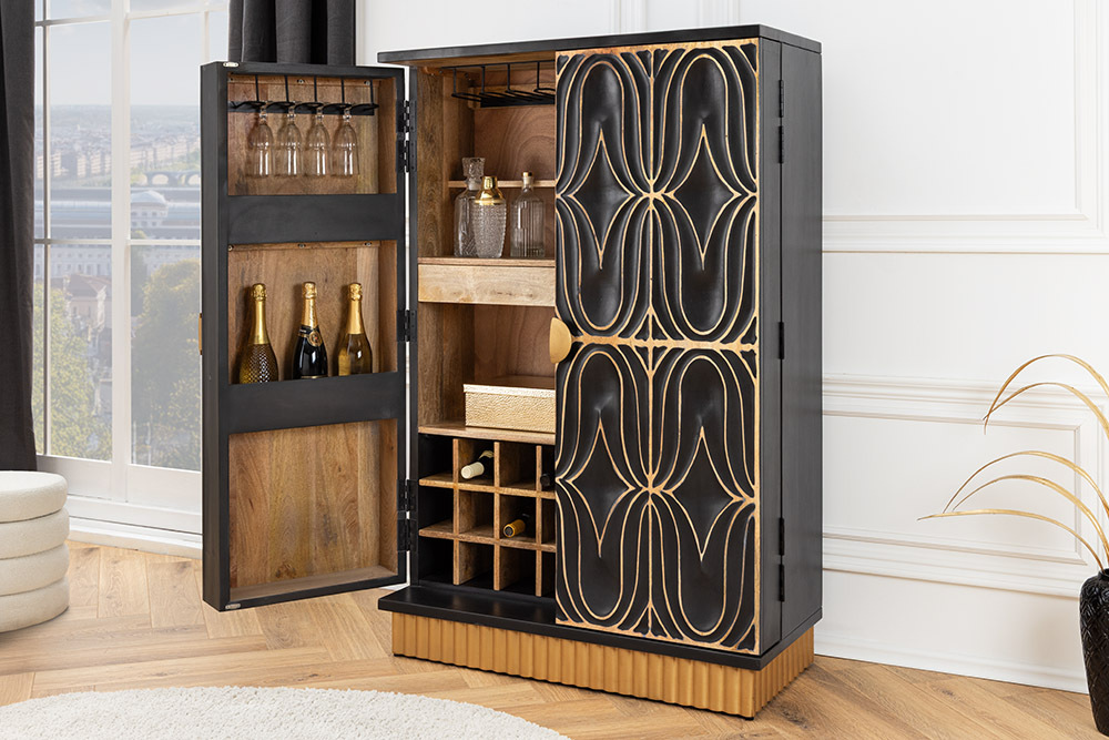 Handgefertigter Barschrank PIAZZA SAN MARCO 140cm grau gold Mangoholz massiv 3D-Design