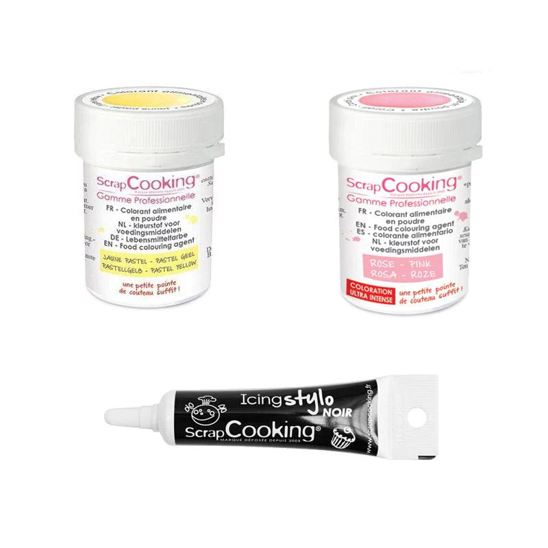 2 colorants alimentaires rose poudré-jaune pastel + Stylo glaçage noir
