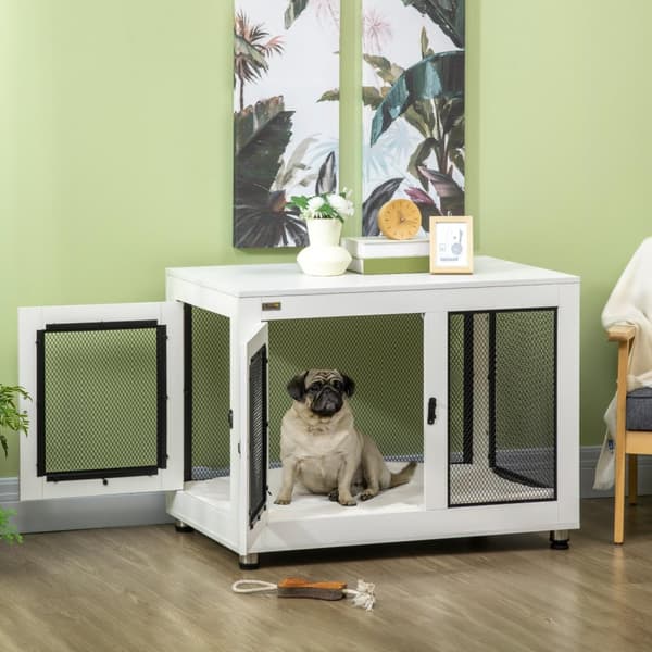 Hundebur Med Bordplate, Hundehus, Hundehus Med Pute, Innendørs Hundeboks Med 2 Dører, Sidebord, Hvit + Svart, 94 X 60 X 71,5 Cm