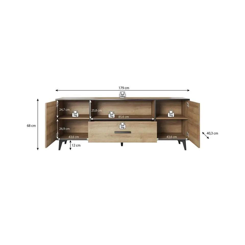 Meubella - TV-Meubel Frey - Licht eiken - Zwart - 179 cm