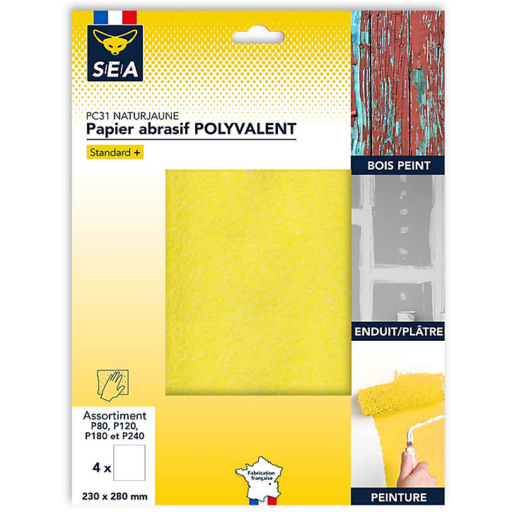 Feuille abrasive 230 x 280 mm grain 80 / 120 / 180 / 240, lot de 4