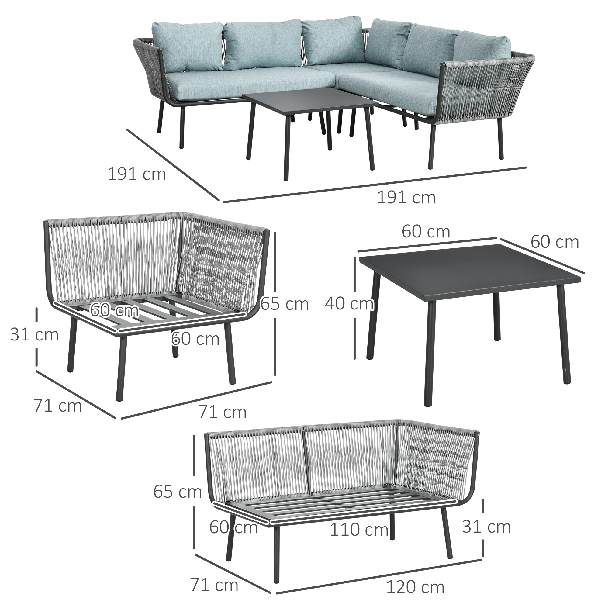 Conjunto de Móveis de Rattan Outsunny de 4 Peças, Conjunto de Móveis para Jardim, Sofá de 2 Lugares, Sofá de Canto, Mesa de Centro com 6 Almofadas Acolchoadas e Estrutura de Alumínio para Varanda ou Terraço, Cinza