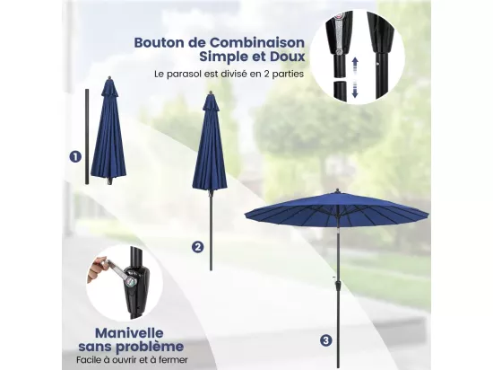 Parasol de Jardin Rond Ø 265CM, Parasol avec 18 Baleines en Fibre de Verre avec Manivelle et Mécanisme d'Inclinaison, Parasol de Terrasse avec Toile Résistante et Poteau en Aluminium (Bleu)