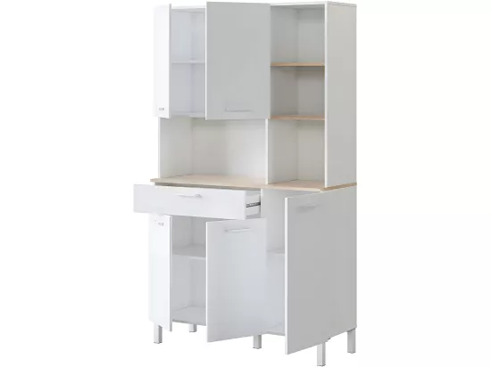 Buffet meuble cuisine 5 portes + 1 tiroir coloris blanc artic/chêne canadien - Hauteur 186 cm x Longueur 108 cm x Profondeur 40 cm