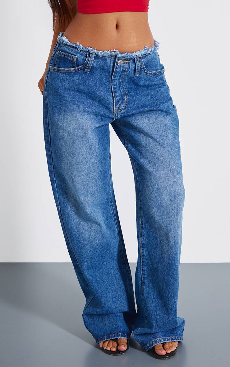 Mid Blue Wash Jean Petite Taille Basse Coupe Droite Taille Effilochée