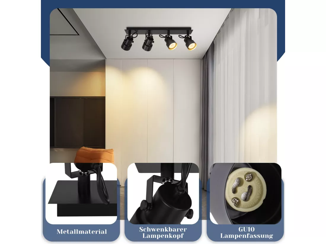NETTLIFE Spot de Plafond Noir Plafonnier Vintage GU10 Lampe de Cuisine pour Orientable 4 Flammes Vintage 350°