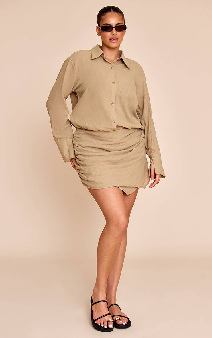 Kaki Combi-short Jupe-culotte À Manches Longues Style Chemise Aspect Lin Grande Taille