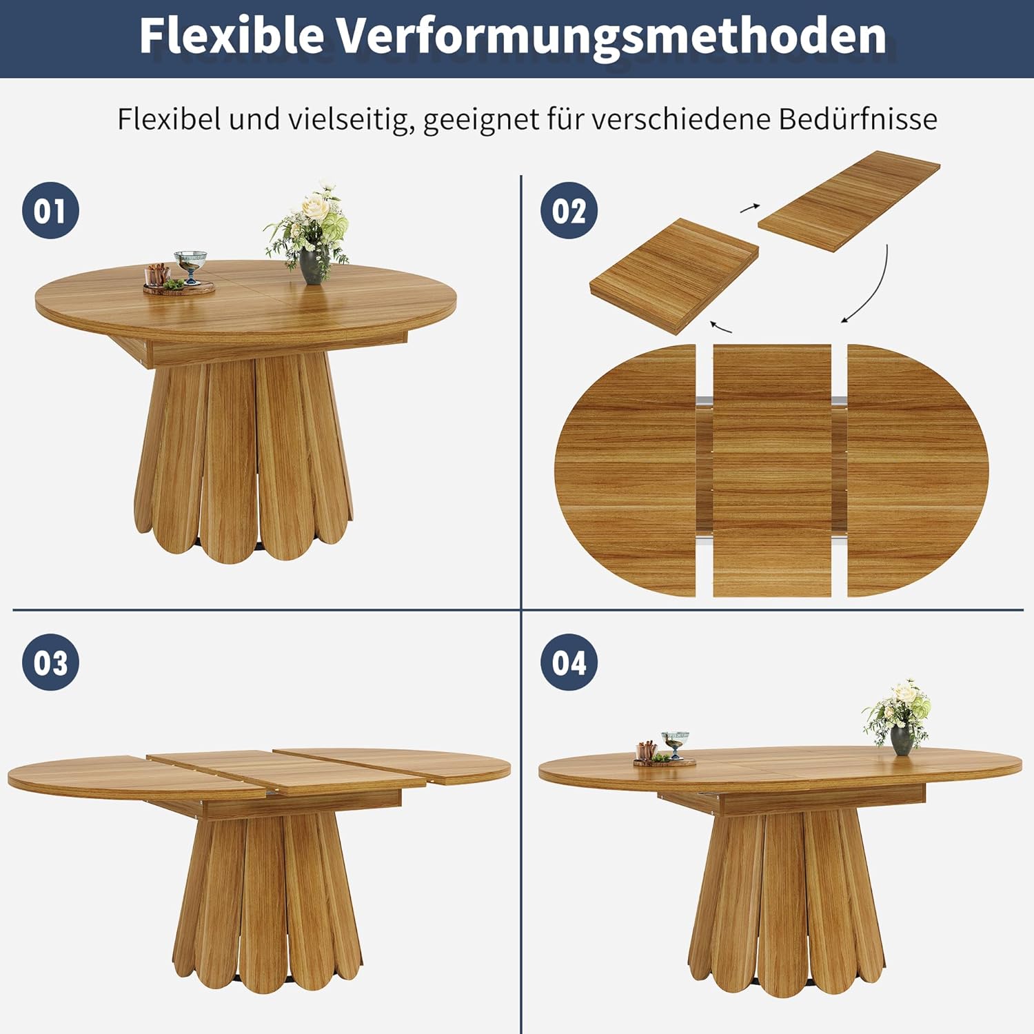 Runder Esstisch Ausziehbar Küchentisch für 4-6 Personen, Esszimmertische mit Blütenblattförmige Tischbeine, Tisch Esstisch Holz, Ausziehbar zu oval, Küchenmöbel, Braun, 118-158x118x76 cm