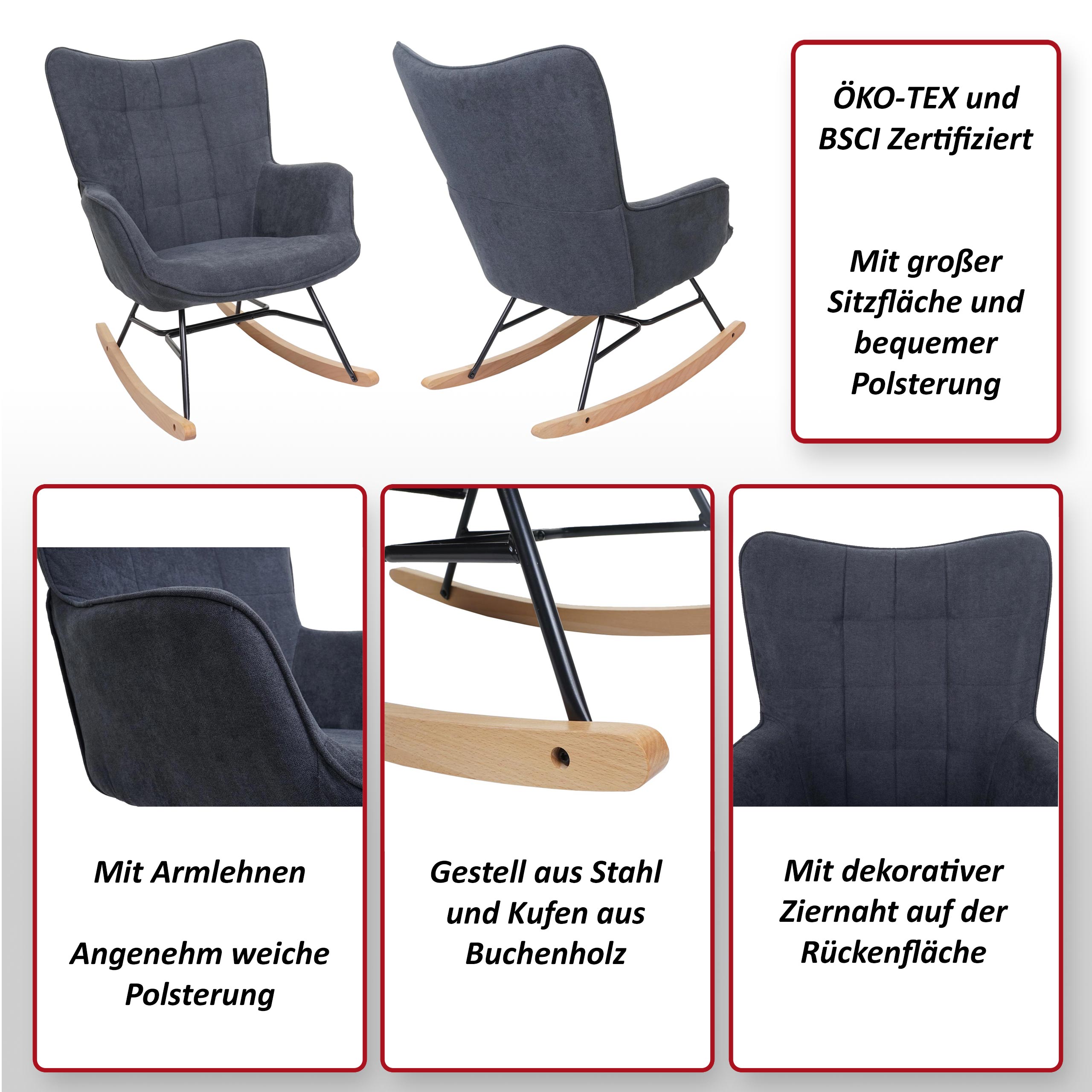 Schaukelstuhl MCW-K36, Schwingstuhl Relaxsessel Fernsehsessel, Stoff/Textil ÖKO-TEX ~ braun
