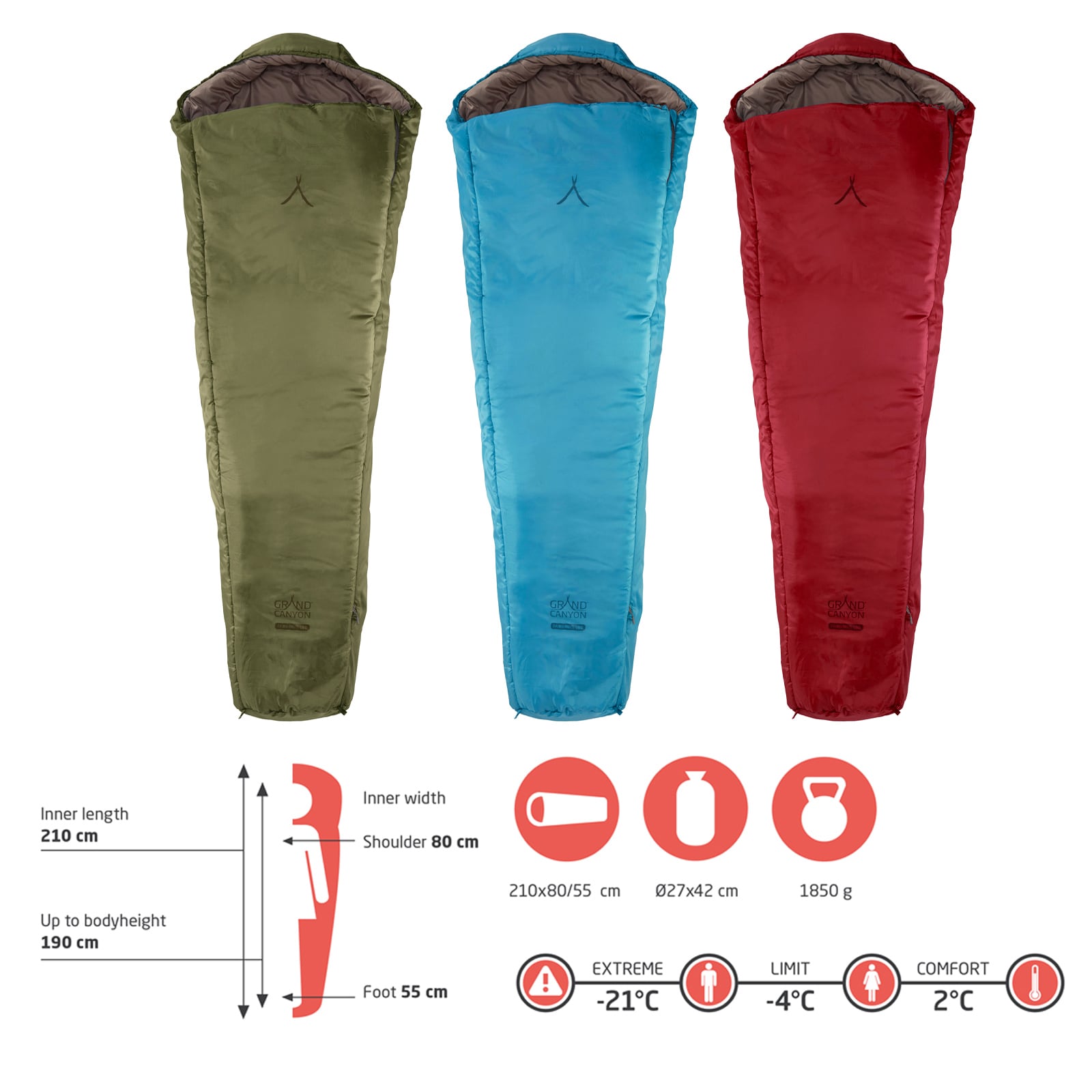 GRAND CANYON Winter Mumien Schlafsack Fairbanks 190 Biwak 3 Jahreszeiten -21°C Farbe: Capulet Olive