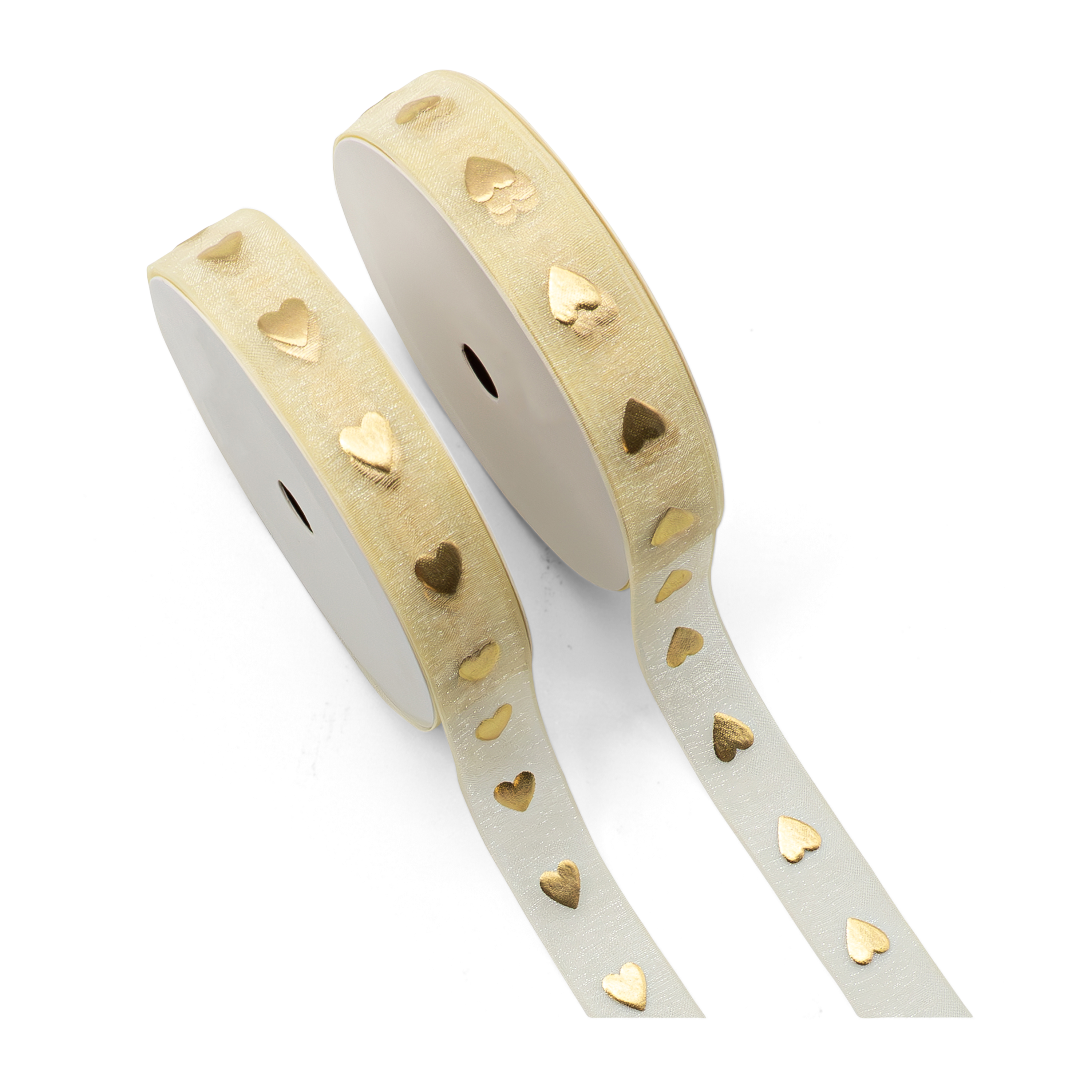 (2er Set) 1.5cmx9m Geschenkband Organza Deko Band mit Herz Print - Gold